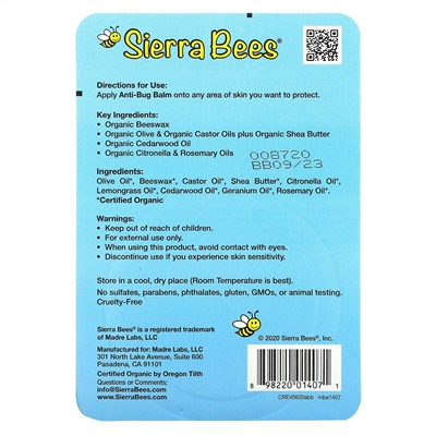 Sierra Bees, бальзам против насекомых, масло кедра, герани и розмарина, 17 г (0,6 унции)
