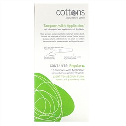 Cottons, 100% Natural Cotton,  Tampons with Applicator, Regular, 16 Tampons