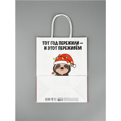 Пакет бумажный подарочный новогодний крафт, «Тот год пережили и этот переживем», 27×21×11 см