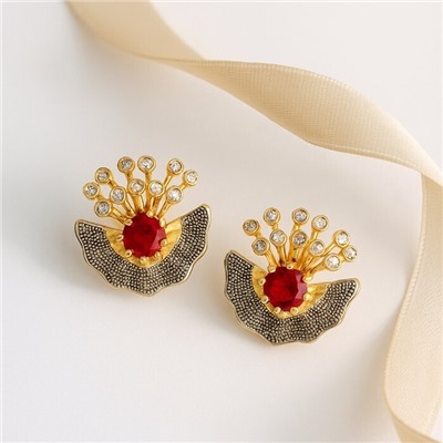 Серьги ювелирная бижутерия Итальянское золото (покрытие желтое 14к), вставка: фианиты, цвет: красный и прозрачный, арт.313.372