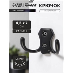Крючок мебельный ТУНДРА КМ201BL, двухрожковый, черный