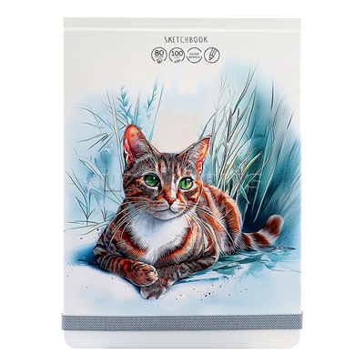 Скетчбук А5, 80л, "Кошачий портрет" 7БЦ, переплет сверху, мат. ламин. лак, резинка