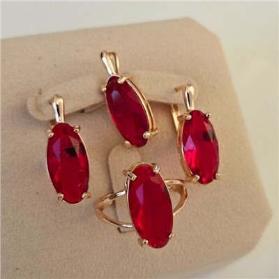 Комплект ювелирной бижутерии коллекция "Дубай"серьги, кулон и кольцо 20 р, покрытие позолота, вставка: фианит, цвет: красный, арт.216.411-20