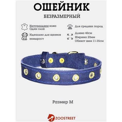 Ошейник безразмерный, 40×2 см, с подпряжником, кожа, синий