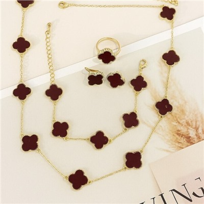 Комплект ювелирной бижутерии Итальянское золото (покрытие желтое 14к), серьги, колье, браслет на руку и кольцо 18 р, вставка: пластик, цвет: бордовый, арт.313.323-18