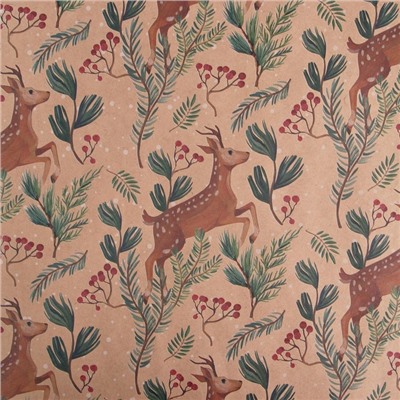 Бумага упаковочная новогодняя крафтовая «Олени», 50×70 см