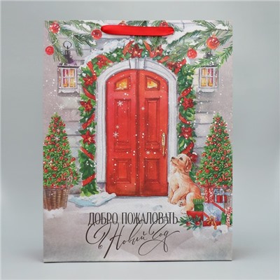 Пакет подарочный новогодний крафтовый «Новогодний дом», L 31×40×11.5 см