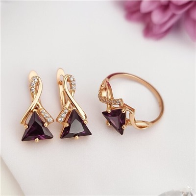Комплект ювелирной бижутерии коллекция "Дубай" серьги и кольцо 17 р, покрытие позолота, вставка: фианиты, цвет: фиолетовый и прозрачный, арт.215.404-17