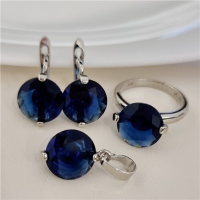 Комплект ювелирной бижутерии серьги, кулон и кольцо 18 р, покрытие посеребрение, вставка: фианит, цвет: сапфировый, арт.313.194-18