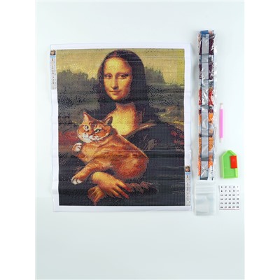Алмазная мозаика с полным заполнением на холсте «Мона Лиза с котом», 40×50 см
