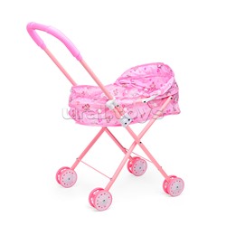 Коляска кукольная (металлическая, складная, прогулочная с капюшоном, цвет розовый, с принтом) в пакете
