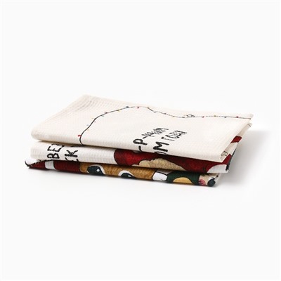 Набор новогодних полотенец Доляна «Помурчим в новом году» 28×46 см - 3штуки, 100% хлопок, вафля 160 г/м²