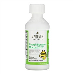 Zarbee's, детский сироп от кашля с отхаркивающим действием, с темным медом и листом плюща, с натуральным вкусом винограда, для детей возрастом 12 месяцев и старше, 118 мл (4 жидк. унции)