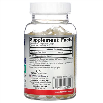 Jarrow Formulas, L-карнитин 500, 500 мг, 100 вегетарианских капсул Licaps