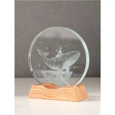 Световая фигурка стекло «Диск. Голограмма: Девочка и кит», 5×LED, d=10 см, USB, 10×4×11.4 см