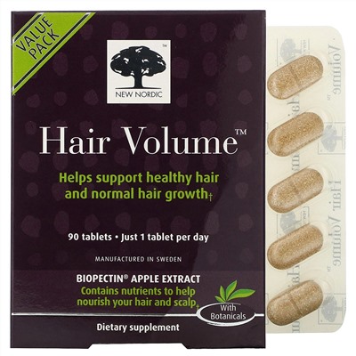 New Nordic, Hair Volume, средство для роста и объема волос, с экстрактом биопектина яблока, 90 таблеток