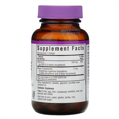 Bluebonnet Nutrition, Витамин E, 200 МЕ, 100 гелевых капсул