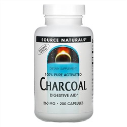 Source Naturals, 100% чистый активированный уголь, 260 мг, 200 капсул