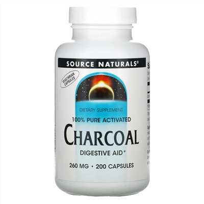 Source Naturals, 100% чистый активированный уголь, 260 мг, 200 капсул