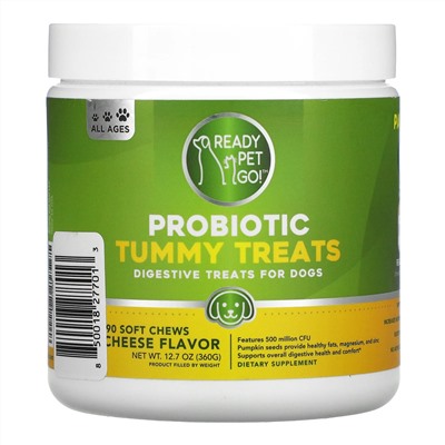 Ready Pet Go, Probiotic Tummy Treats, Digestive Treats For Dogs, All Ages, Cheese, 90 Soft Chews