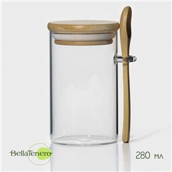 Банка для сыпучих продуктов с ложкой BellaTenero «Эко», 280 мл, 7×11 см, с бамбуковой крышкой, стекло, прозрачная