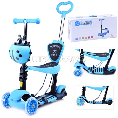 Самокат 3-х кол., синий, светящиеся колёса, PVC, ABEC 7, в коробке