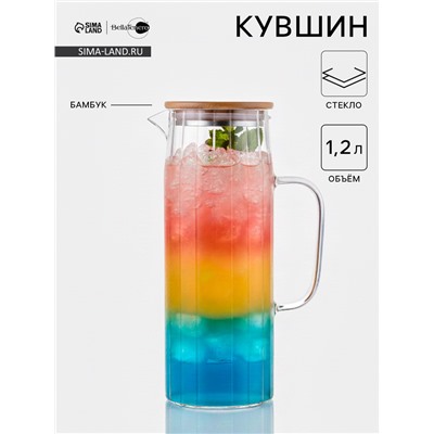 Кувшин Bella Tenero «Эко. Дольки», 1.2 л, 9×14×24.5 см, с бамбуковой крышкой, стекло, прозрачный