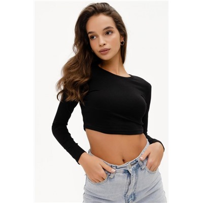 F-Лонгслив-1 женский укороченный кроп топ с длинными рукавами (Черный)
