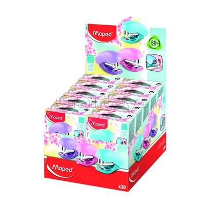 Степлер пластиковый на 15 листов, скобы 24/6 и 26/6, со встроенным антистеплером, пастельные цвета ассорти, в коробке с подвесом