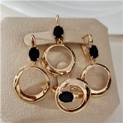 Комплект ювелирной бижутерии коллекция "Дубай" серьги, кулон и кольцо 19 р, покрытие позолота, вставка: фианиты, цвет: черный, арт.217.479-19