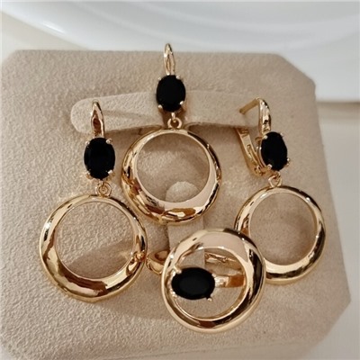 Комплект ювелирной бижутерии коллекция "Дубай" серьги, кулон и кольцо 18 р, покрытие позолота, вставка: фианиты, цвет: черный, арт.217.479-18