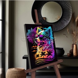 Картина по номерам 30х40 "Неоновый пес" черный холст, светящаяся краска, цветная схема (19 цветов)