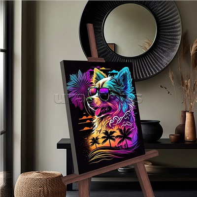 Картина по номерам 30х40 "Неоновый пес" черный холст, светящаяся краска, цветная схема (19 цветов)