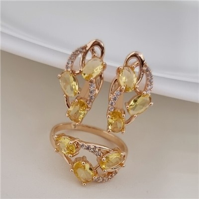 Комплект ювелирной бижутерии коллекция "Дубай" серьги и кольцо 20 р, покрытие позолота, вставка: фианиты, цвет: желтый, арт.215.516-20