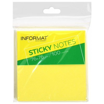 Бумага для заметок с клеевым краем 76х76 мм 100л желтый пастель без линовки IFSN7676-YP inФОРМАТ
