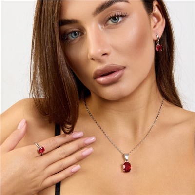 Комплект ювелирной бижутерии коллекция "Дубай" серьги, кулон и кольцо 19 р покрытие посеребрение, вставка: стекло, цвет: рубиновый, арт.215.630-19