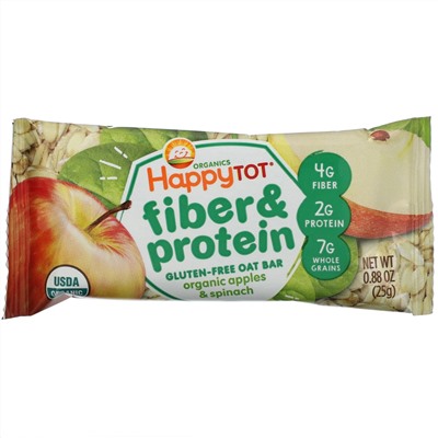 Happy Family Organics, Happytot,  овсяной батончик с волокнами и протеином, органические яблоки и шпинат, 5 батончиков, 0,88 унции (25 г каждый)