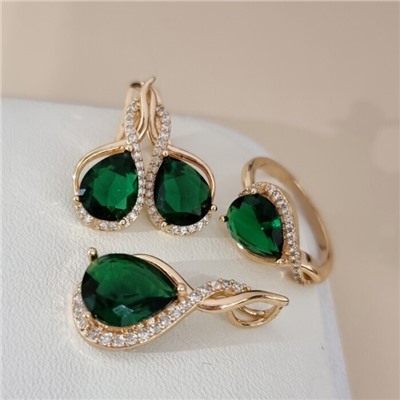 Комплект ювелирной бижутерии коллекция "Дубай" серьги, кулон и кольцо 18 р, покрытие позолота, вставка: стекло и цирконы, цвет: зеленый и прозрачный, арт.217.489-18