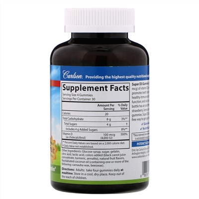 Carlson Labs, Super D3 Gummies,  Natural Fruit Flavors, 100 mcg (4,000 IU), 120 Gummies
