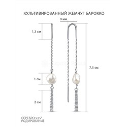 Серьги-продёвки из родированного серебра с культивированным жемчугом барокко 925 пробы 15591PWRH