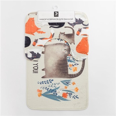 Набор ковриков для ванной Этель «Котики», 2 шт., 80×50 см, 50×40 см, велюр