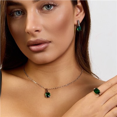 Комплект ювелирной бижутерии коллекция "Дубай" серьги, кулон и кольцо 18 р покрытие посеребрение, вставка: стекло, цвет: зеленый, арт.215.530-18