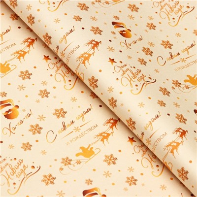 Бумага упаковочная новогодняя крафт белый «Золото НГ», 50×70 см