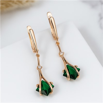 Серьги подвески длинные с зеленым камнем, покрытие позолота 585 пробы, арт.314.981