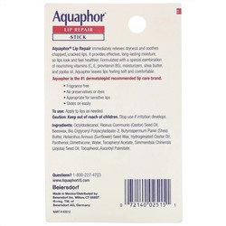 Aquaphor, Восстанавливающий бальзам для губ, помада, мгновенное восстановление, без запаха, 1 шт., 4,8 г (0,17 унции)