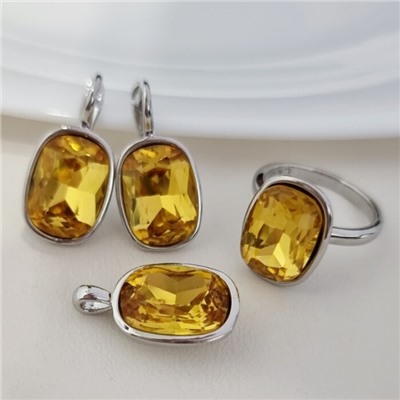 Комплект ювелирной бижутерии серьги, кулон и кольцо 17 р, покрытие посеребрение, вставка: искусственный кристалл, цвет: желтый, арт.314.867-17