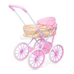 Коляска для кукол металлическая, прогулочная с капюшоном и сумкой, цвет розово-бежевый