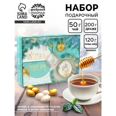 Подарочный набор новогодний «Чудеса рядом»: чай чёрный, арахис в шоколаде, ананас в шоколаде, крем-мёд