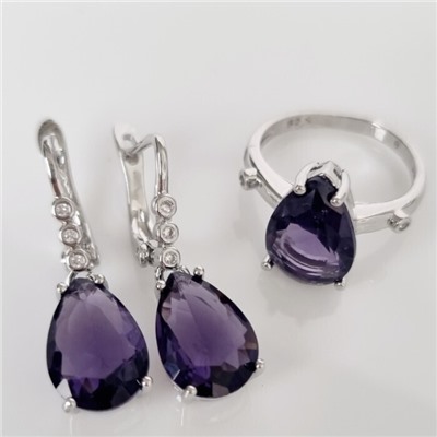 Комплект ювелирной бижутерии серьги и кольцо 17 р, покрытие посеребрение, вставка: фианиты, цвет: фиолетовый и прозрачный, арт.213.944-17