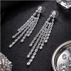 Серьги бижутерия висячие вечерние с камнями, цвет: серебристый и прозрачный, арт.012.067